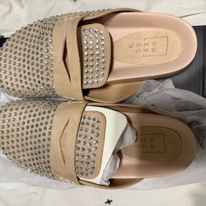 ShuShop Beige and Silver Studded Mules